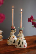 Ceramic Girl Taper Candle Holders 9"H – Multi-Color Glazed Candleholder Set of 2 By Kalalou