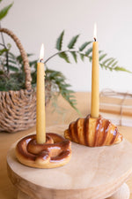 Ceramic Croissant and Pretzel Candle Holders 5.5"L – Brown Glazed Pastry Candleholder 2X Set of 2 By Kalalou