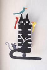 Hand Painted Wall Clock Black Cat with Birds 11"H – Multi-Color Metal and Plastic Clock Set Of 2 By Kalalou
