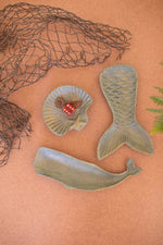 Cast Iron Shell Whale Trinket Trays (Set of 3) 6.5"L Coastal Green Gold Washed Decor By Kalalou