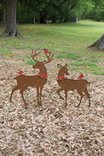 Rustic Reindeer Yard Decor Set – Doe 20" Buck 27" Tall with Red Birds by Kalalou