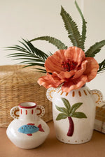 Set of 2 Ceramic Coastal Vases With Fish And Palm Tree Motifs 9" H by Kalalou
