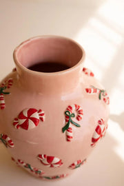 Christmas Ceramic Peppermint Vase With Candy-Inspired Details 10.5