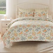 Greenland Home Fashions Chloe 3-Piece Reversible Floral Cotton Quilt Set with Cream Backing