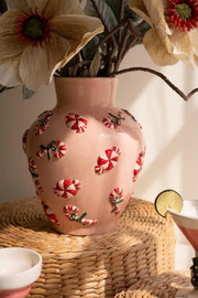 Christmas Ceramic Peppermint Vase With Candy-Inspired Details 10.5