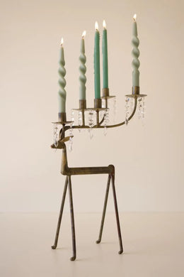 Christmas Deer Taper Candelabra With Forged Iron Antique Brass Finish 22.5