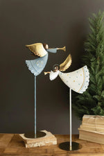 Kalalou Christmas Angels on Stands Set of 2 Painted Metal Sculptures Holiday Decor 10.25" H
