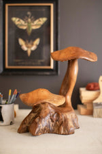 Double Teak Mushroom Sculpture 14" Tall Natural Wood Decor by Kalalou