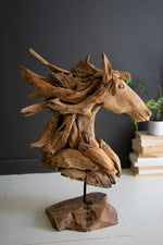 Teakwood Horse Head Sculpture with Iron Base – 30" Tall Rustic Decor by Kalalou