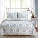 Blue Floral Medallion Cotton 3-Piece Reversible Quilt Bedding Set – Aqua Gray Brocade Style by Cozy Line Home Fashions