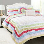 Petri Ruffle Lace Cotton Reversible Quilt Set – Rainbow Floral Checker Pattern By Cozy Line Home Fashions