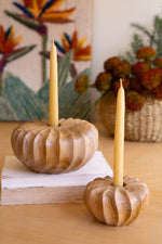 Teakwood Pumpkin Holders 4"H Brown Hand Carved Taper Candle Accent Set of 2 By Kalalou