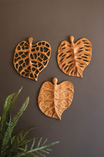 Teak Leaf Wall Art 15"H Brown Carved Wood Wall Decor Set of 3 By Kalalou
