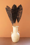 Decorative vase with three large brown leaves against an orange wall