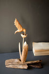Hand carved hummingbird sculpture on reclaimed wood base, rustic wall art