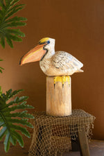 Carved Wooden Pelican Sculpture Coastal Seaside Decor Rustic Base 18.5" Tall by Kalalou