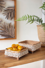 Nautical Bamboo Trays with Shell Edging Coastal Decor & Serving Set of 2 - 9" Tall by Kalalou
