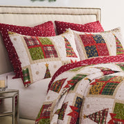 Rustic Holiday Sham – Red Quilted Pillow Cover, Deck the Halls Theme