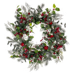 Vickerman FQ221724 24" Green Artificial Holly Pine And Red Jingle Bell Wreath.