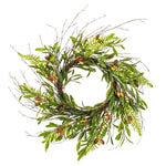 Vickerman FS232622 22" Artificial Green Olive Wreath. Features Green Foliage With Dark Orange Olives.