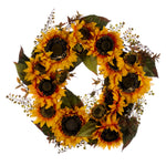 Vickerman FT210125 24" Artificial Yellow Sunflower Wreath With Seed Grass Foliage.
