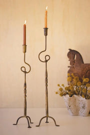 Set of 2 Antique Brass Forged Iron Taper Candle Holders 30