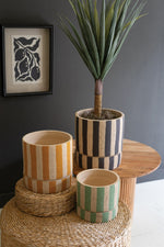 Clay Planters with Striped Details and Trays 10.5”Tall – Set of 3 by Kalalou