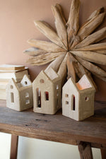 Gray Washed Clay House Candle Lanterns – Set of 3 - 8.75"Tall by Kalalou