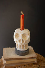 Clay Skull Taper Candle Holder on River Rock Base 7" by Kalalou