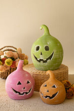 Handpainted Clay Jack-O-Lantern Trio – Festive Halloween Mantel Decor 14" by Kalalou