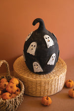 Black Clay Pumpkin with Ghosts Luminary – Handcrafted Halloween Decor 14" by Kalalou