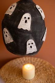 Black Clay Pumpkin with Ghosts Luminary – Handcrafted Halloween Decor 14