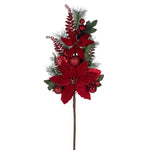Vickerman L225406 28" Merry Red Poinsettia Ball And Fern Decorated Spray.