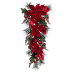 Vickerman L225408 32" Merry Red Poinsettia Ball And Fern Decorated Teardrop.