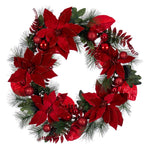 Vickerman L225428 28" Merry Red Poinsettia Ball And Fern Decorated Wreath.
