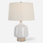 Uttermost 30250-1 Opal Gloss White Table Lamp with Wood Accents and Linen Shade