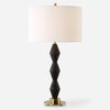 Uttermost 30348-1 Threefold Black Stone Table Lamp with Pitted Texture and White Linen Shade