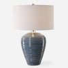 Uttermost 30359 Moher Glossy Blue Table Lamp with Brass Accents and White Linen Drum Shade