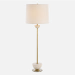 Uttermost 30481-1 Hemisphere Brass Buffet Lamp with Travertine Half Sphere Accents and Oatmeal Linen Shade