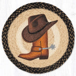 Earth Rugs Cowboy Hat & Boot Printed Round Jute Trivet 10" Rustic Hot Pad