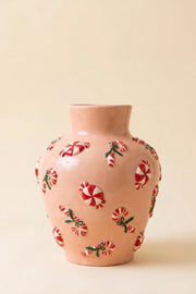 Christmas Ceramic Peppermint Vase With Candy-Inspired Details 10.5