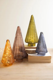 Set of 4 Pressed Glass Christmas Trees With Jewel Tone Colors 14.5
