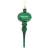 Vickerman N174574D 8" X 2.75" Midnight Green Shiny Finial Ornament With Drilled And Wired Caps. Comes 3 Per Bag.