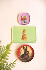Printed Enamel Trinket Tray Set 5.5" – Rabbits Design – Glossy Metal – 2X Set of 3 By Kalalou