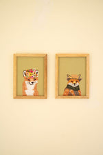 Wall Art 8" H - Framed Embroidery Foxes Design on Cotton Fabric, (2 x Set of 2) By Kalalou