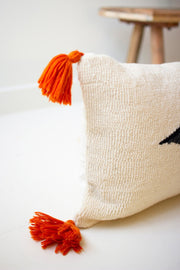 Beige pillow with orange tassels on a white background