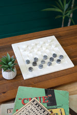Marble Checkers 12"H – Elegant White Marble Board with Black & White Pieces by Kalalou
