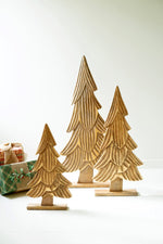 Kalalou Set of Three Carved Wooden Christmas Trees on Bases – Natural with Gold Detail