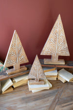 Hand-Carved Wood Christmas Trees on Stands – Set of 3 (20"H, 17"H & 13"H) – Holiday Decor by Kalalou