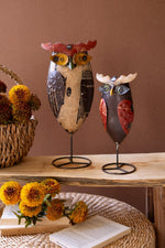 Perched Owl Statues on Stands – Distressed Metal Accent 16" by Kalalou